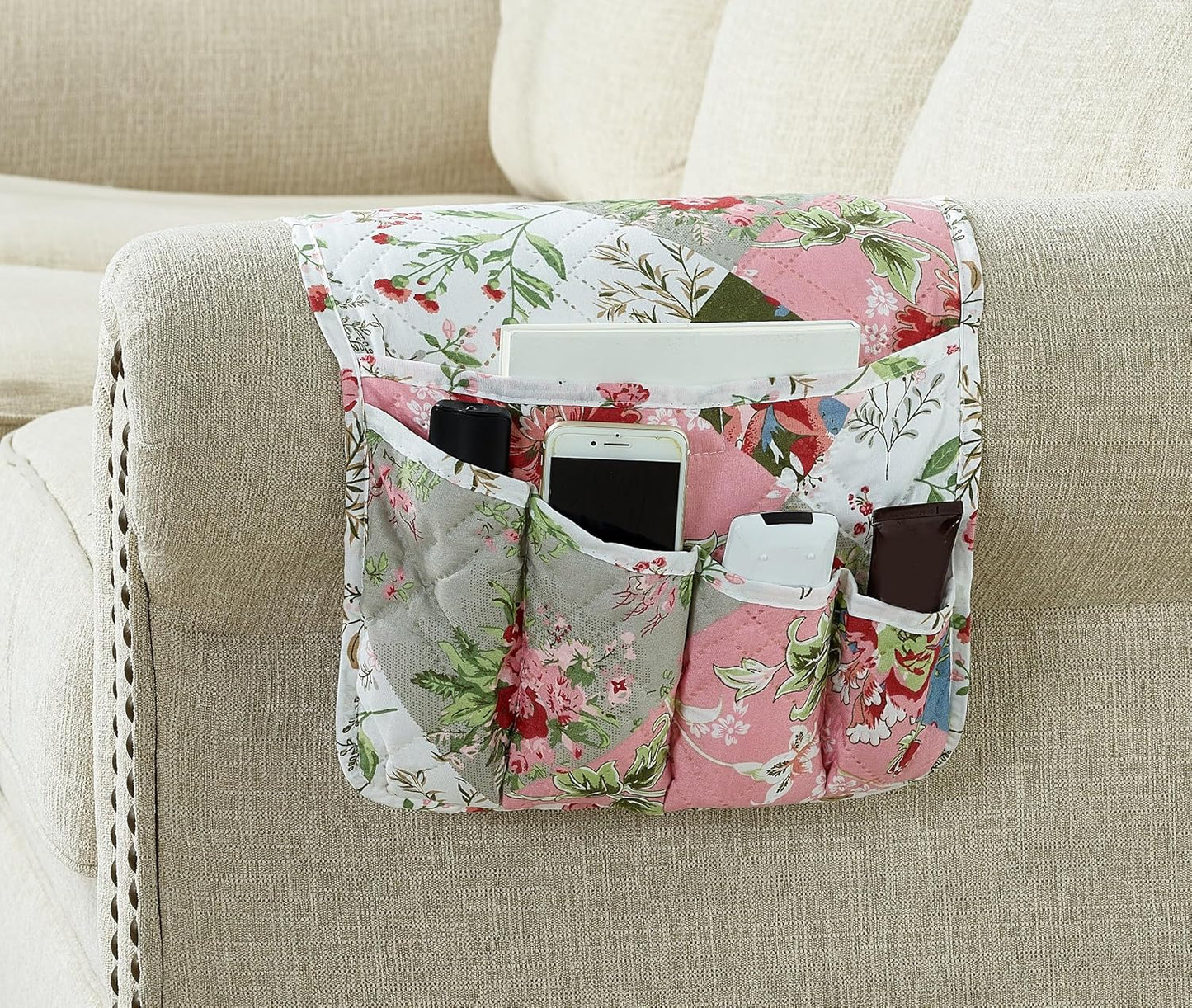 Brilliant Sunshine Peach Flowers Patchwork Couch Armrest 5 Pockets Organizer, Slip Resistant Recliner Armchair Caddy, Washable Remote Controls Holder, Storage for Magazine, Tablet, iPad, Peach Olive