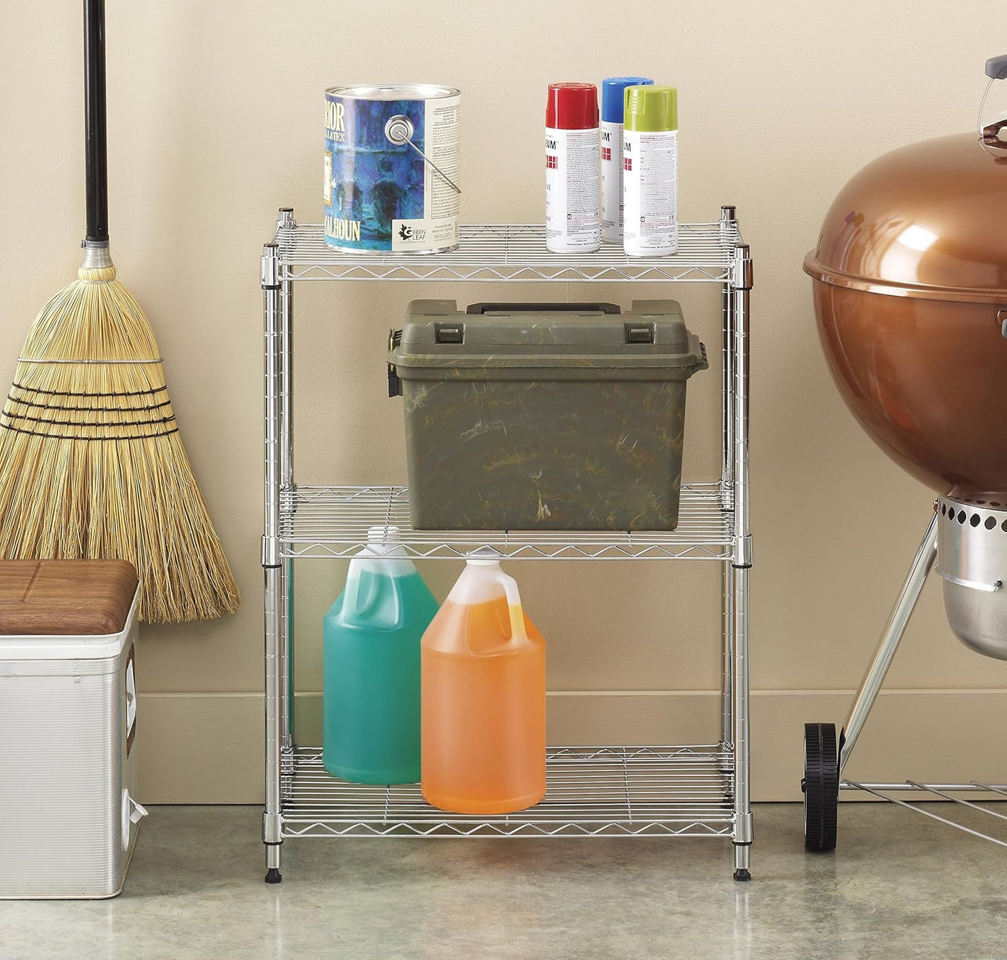 Whitmor 3 Tier Shelving Unit, Metal Storage Shelves, 400 lbs Capacity per Shelf, 1200 lbs Total, Adjustable Heavy Duty Shelf for Kitchen, Garage, Plant, 23" L x 13" W x 30" H, Chrome